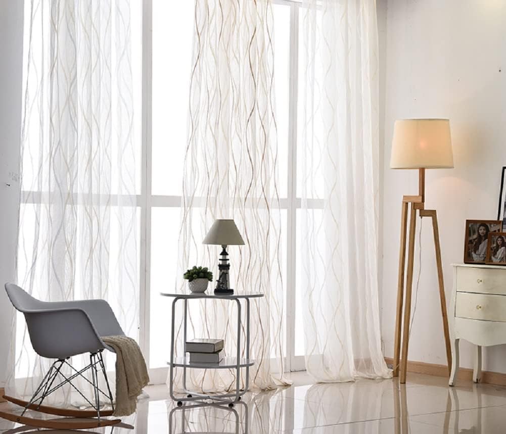 Rod Pocket Wave Stripe Curtain Tulle 2 Panels - Anna's Linens Store