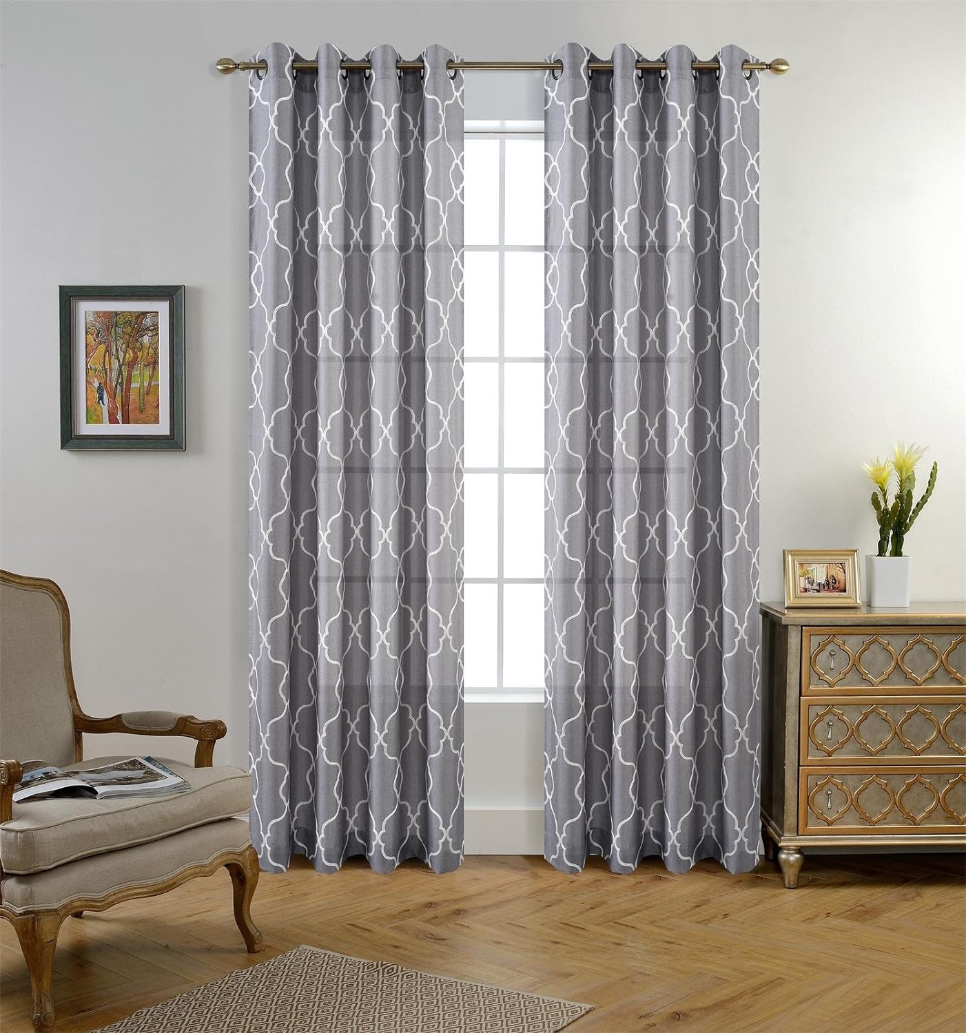 Embroidered Semi Sheer Curtains Grommet Curtain 2 Panels - Anna's Linens Store