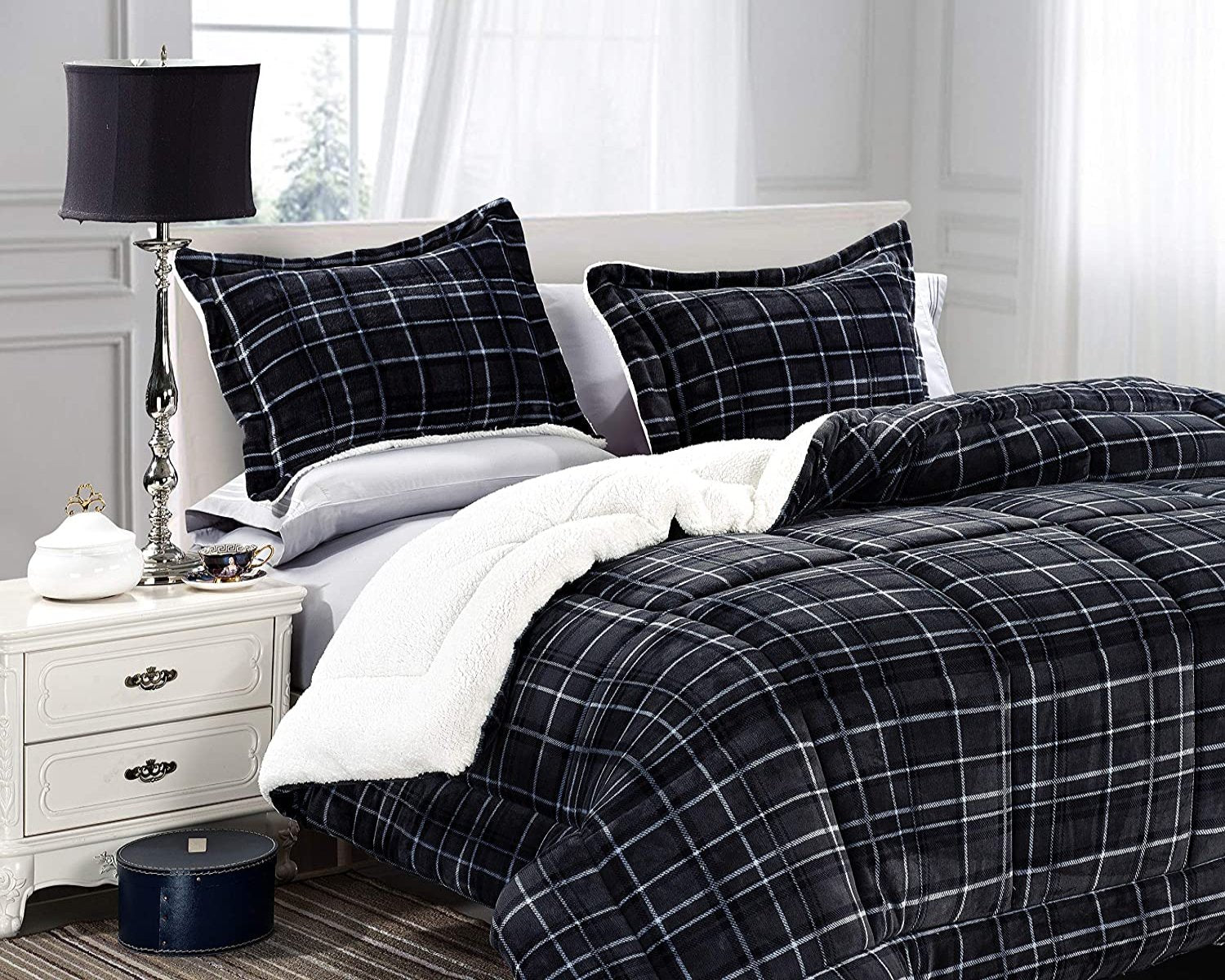 Blue Plaid To Sherpa King Comforter deals And Shams Set